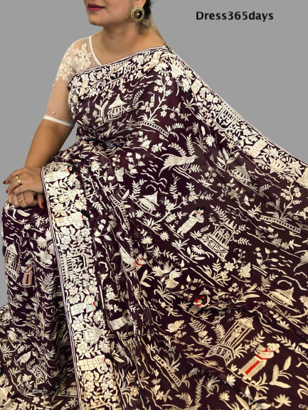 Wine and Ivory Hand Embroidered Parsi Gara Saree( Pre Order) - Dress365days