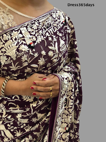 Wine and Ivory Hand Embroidered Parsi Gara Saree( Pre Order) - Dress365days