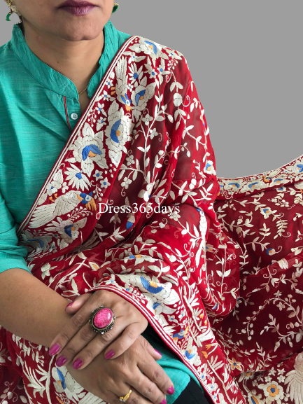 Designer Red Parsi Gara Hand Embroidered Dupatta - Dress365days