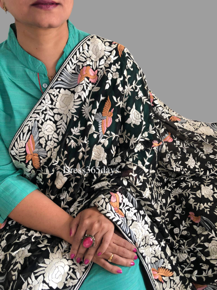 Black Pure Georgette Hand Embroidered Parsi Gara Dupatta - Dress365days