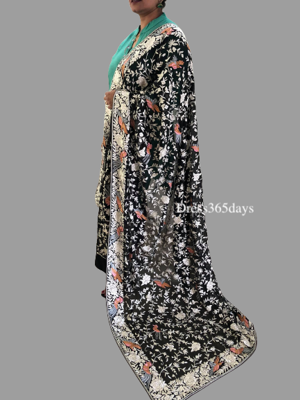Black Pure Georgette Hand Embroidered Parsi Gara Dupatta - Dress365days