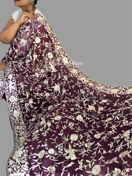 Purple and Ivory Hand Embroidered Parsi Gara Dupatta - Dress365days