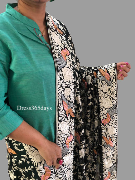 Black Pure Georgette Hand Embroidered Parsi Gara Dupatta - Dress365days