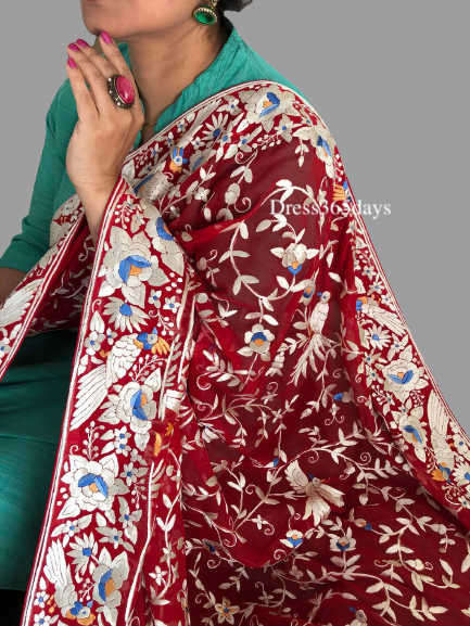Designer Red Parsi Gara Hand Embroidered Dupatta - Dress365days