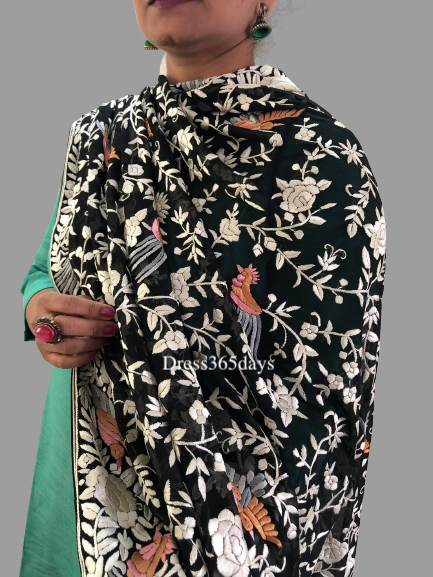 Black Pure Georgette Hand Embroidered Parsi Gara Dupatta - Dress365days