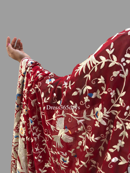 Designer Red Parsi Gara Hand Embroidered Dupatta - Dress365days
