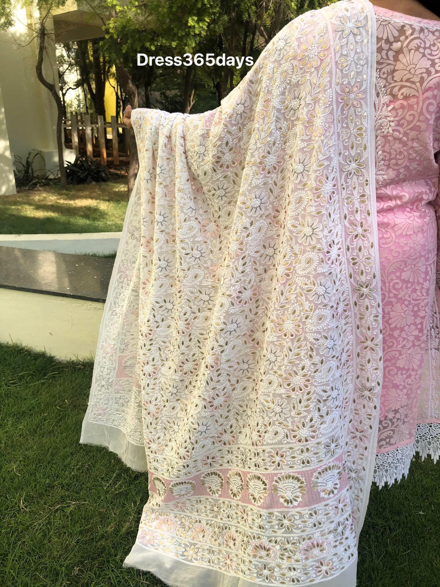 White Gota Patti Patti and Pearls Work Chikankari Dupatta - Dress365days