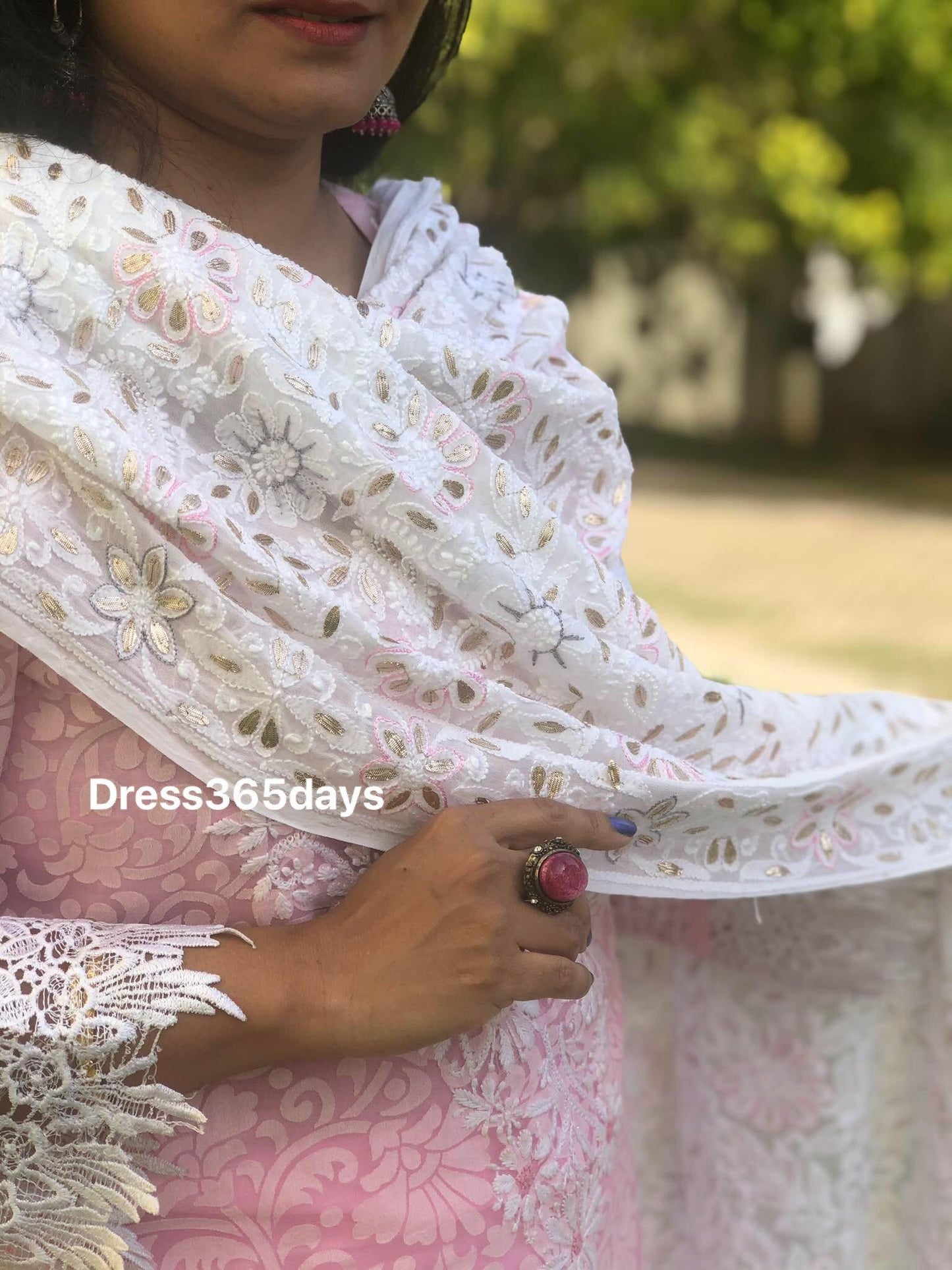 White Gota Patti Patti and Pearls Work Chikankari Dupatta - Dress365days