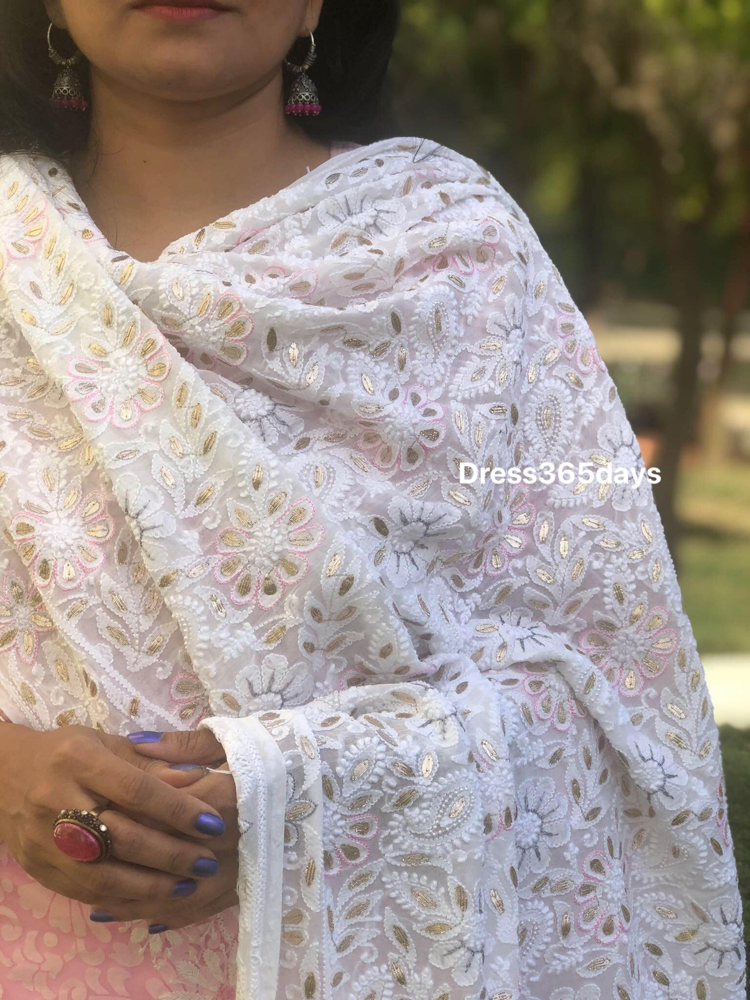 White Gota Patti Patti and Pearls Work Chikankari Dupatta - Dress365days