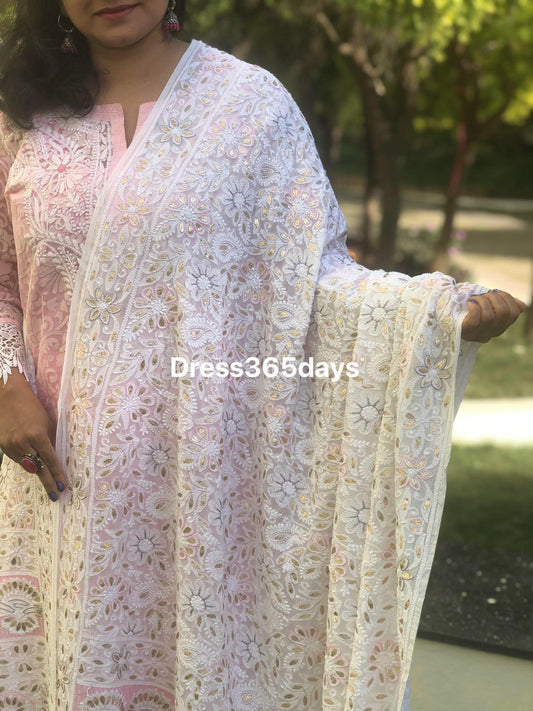White Gota Patti Patti and Pearls Work Chikankari Dupatta - Dress365days