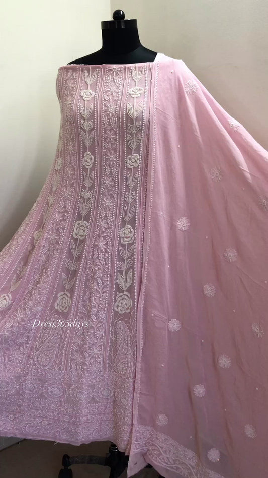 Powder Pink Pearl Lucknowi Chikankari Anarkali Suit