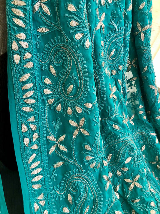 Turquoise Gota Patti Lucknowi Dupatta