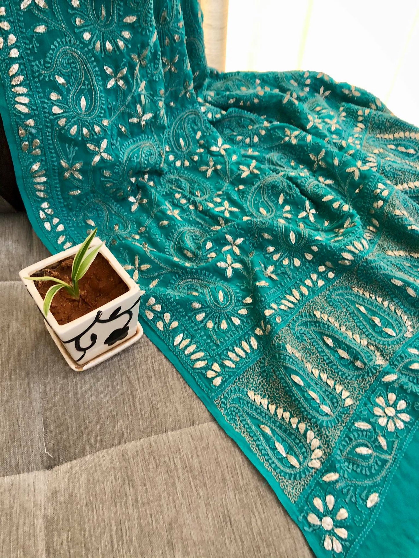 Turquoise Gota Patti Lucknowi Dupatta