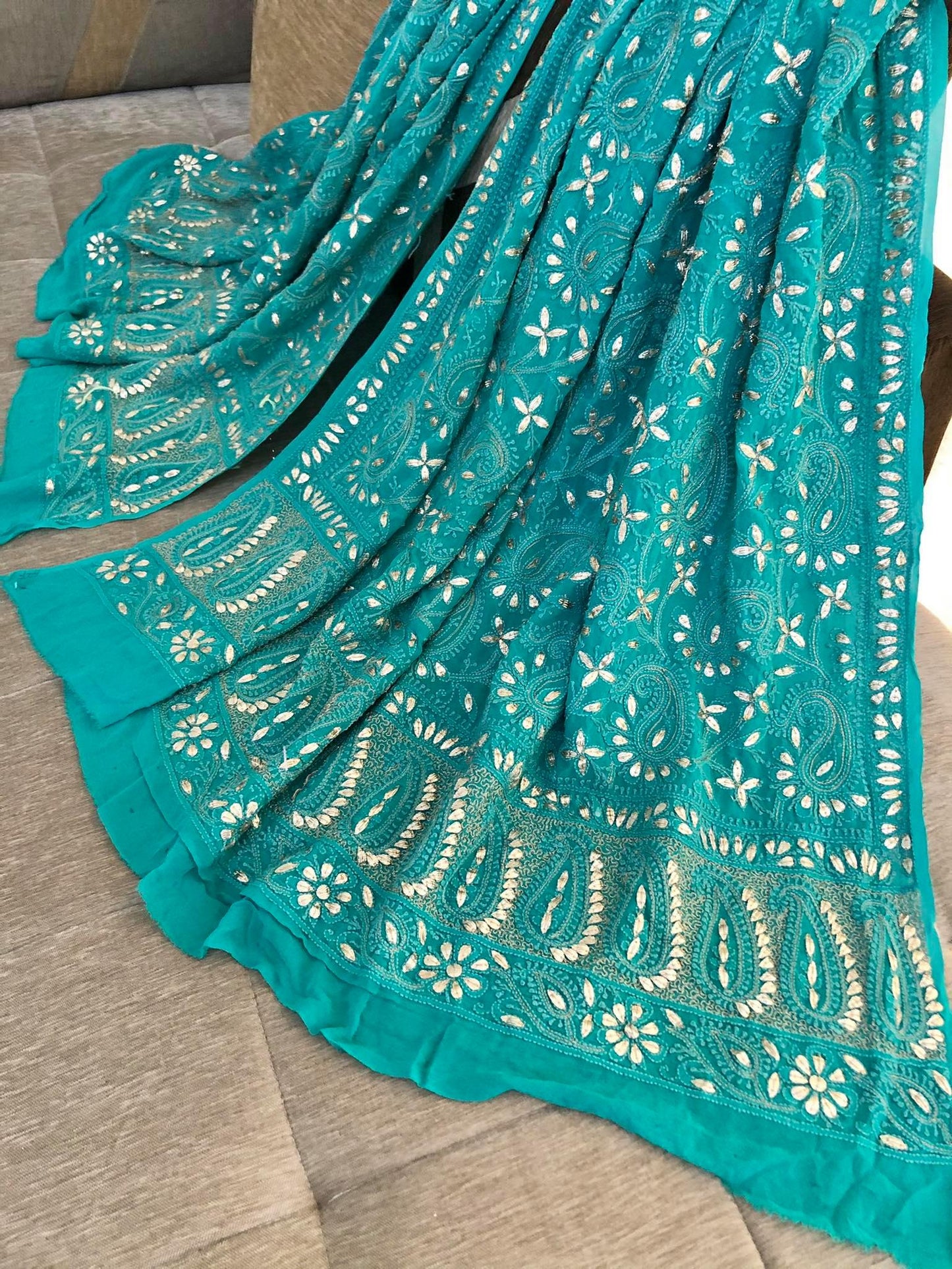 Turquoise Gota Patti Lucknowi Dupatta