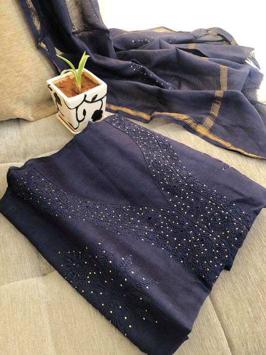 Navy Fine Chanderi Chikankari Suit