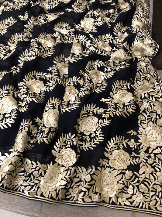 Exclusive Black & Ivory Hand Embroidered Parsi Gara Saree