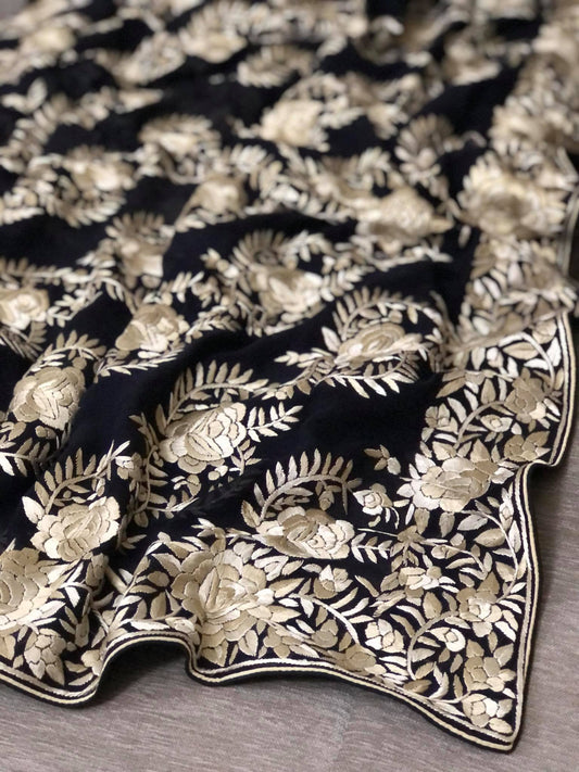 Exclusive Black & Ivory Hand Embroidered Parsi Gara Saree