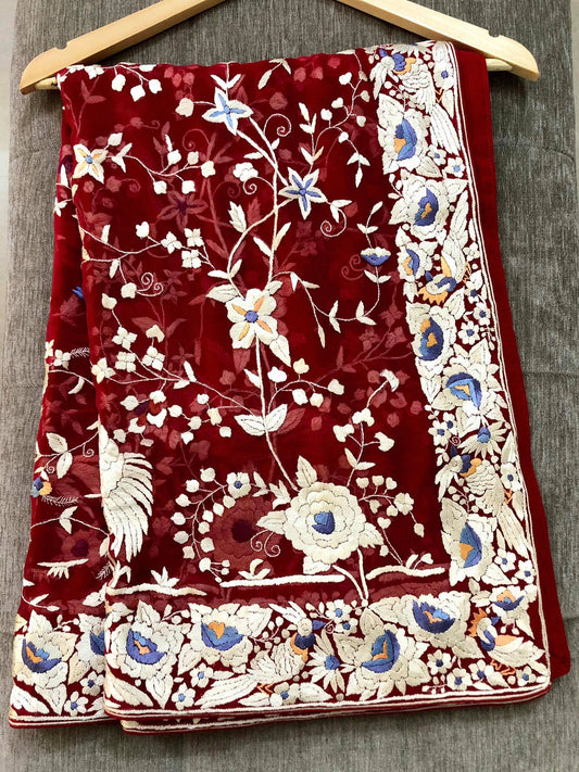 Pre Order Designer Red Parsi Gara Hand Embroidered Dupatta