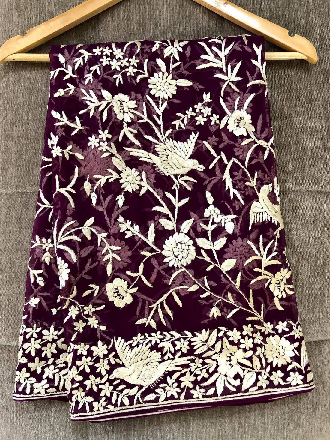 Pre Order Parsi Gara Dupatta in Purple and Ivory Thread Embroidery ...