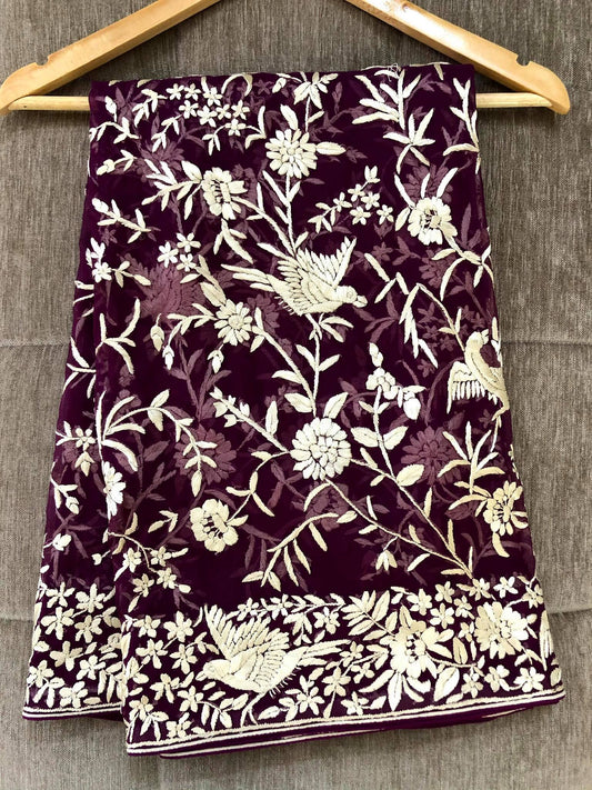 Pre Order Parsi Gara Dupatta in Purple and Ivory Thread Embroidery