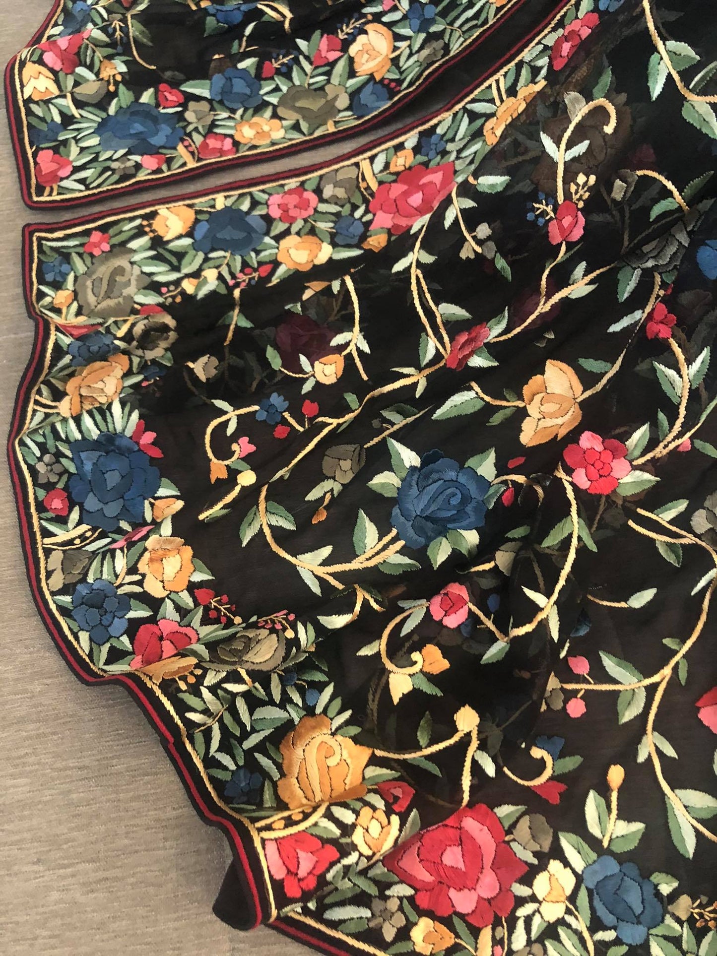 Black Floral Parsi Gara Dupatta with Multicolour Embroidery