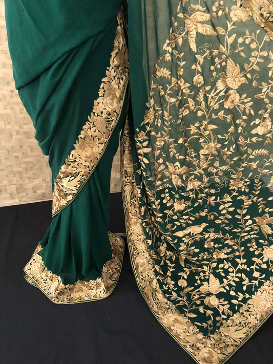 Pre Order Emerald Green & Gold Hand Embroidered Parsi Gara Saree