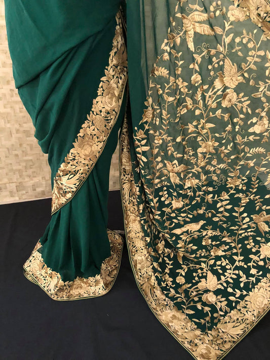 Emerald Green & Gold Hand Embroidered Parsi Gara Saree