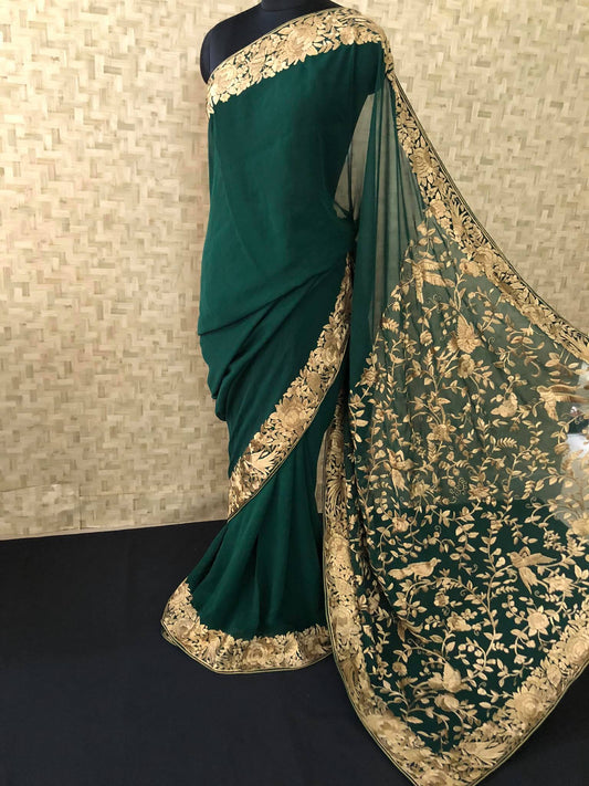 Emerald Green & Gold Hand Embroidered Parsi Gara Saree