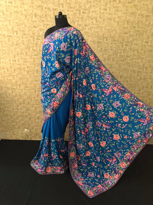 Parsi Gara Hand Embroidered Teal BlueSaree