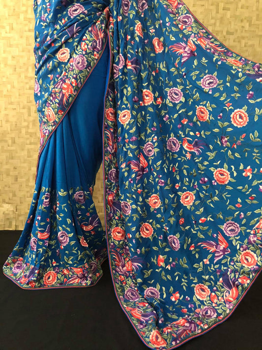 Parsi Gara Hand Embroidered Teal BlueSaree