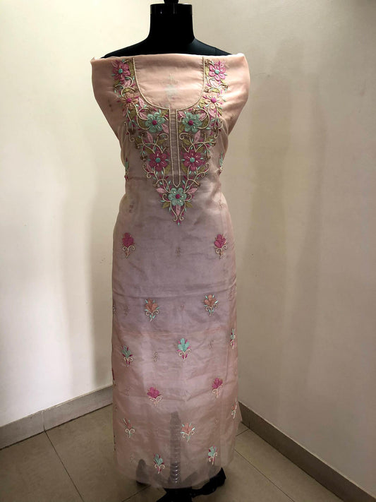 Organza Brown Pearl Chikankari Kurti Fabric