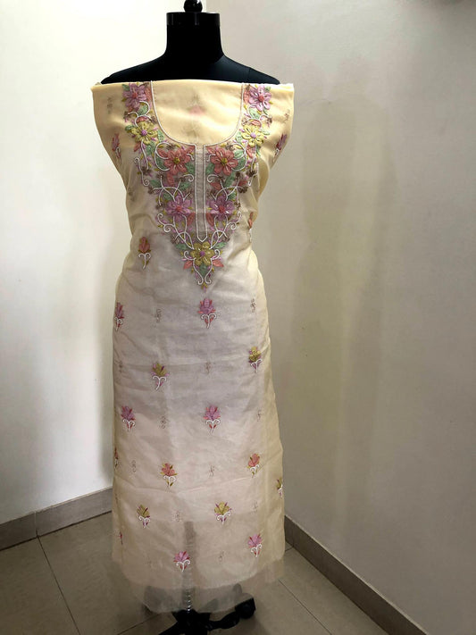 Yellow Organza Chikankari Pearl Kurti Fabric