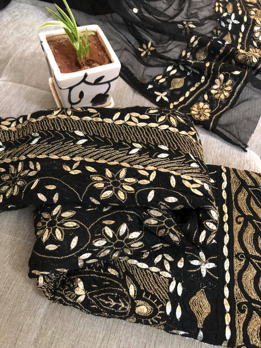 Black Net Chikankari Anarkali Suit with Gota Patti (Anarkali and Dupatta)