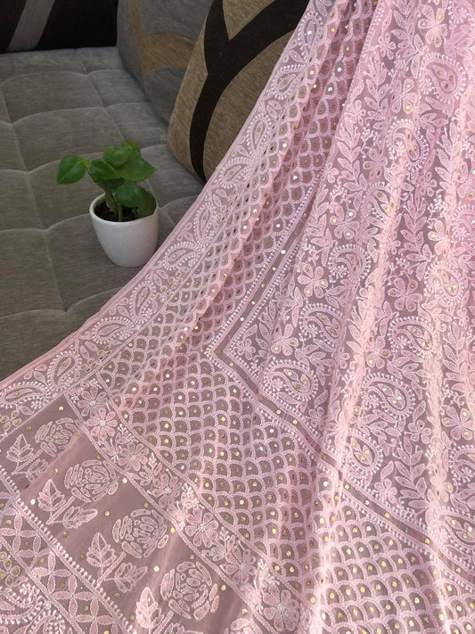 Pastel Pink Mukaish Lucknowi Dupatta