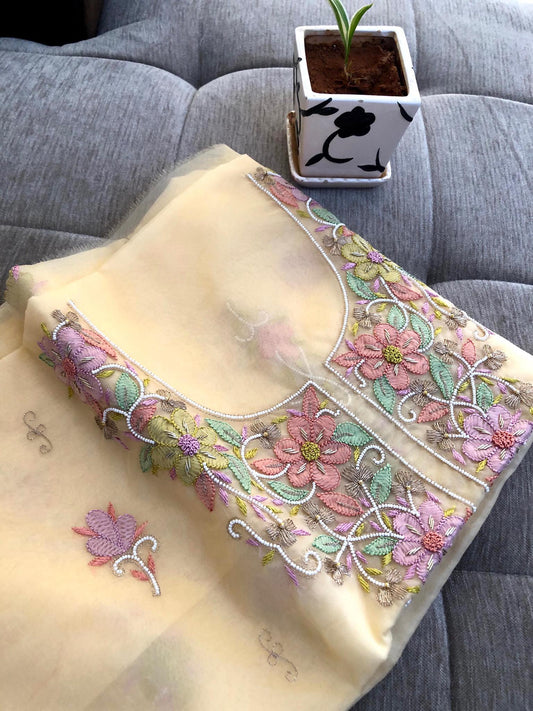 Yellow Organza Chikankari Pearl Kurti Fabric