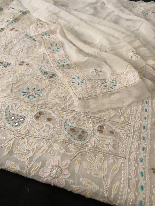 Georgette Pearl Chikankari Kurta Dupatta Set