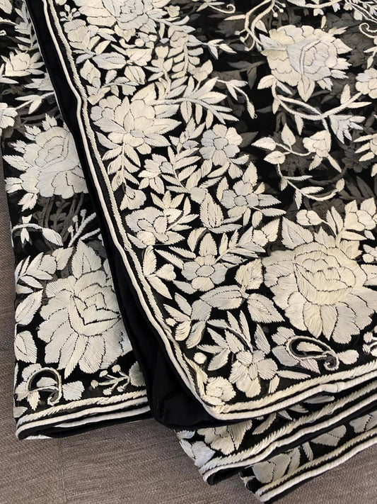 Pre Order Designer Ivory and Black Parsi Gara Hand Embroidered Dupatta