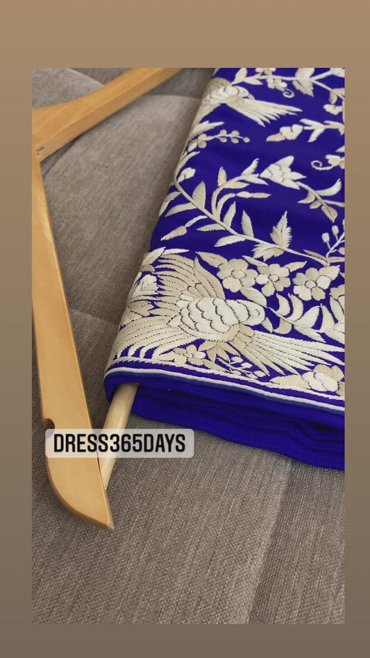 Pre Order Blue & Ivory Parsi Gara Hand Embroidered Saree