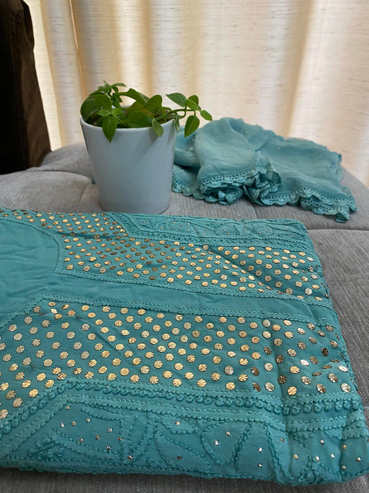 Green Mukaish Neckline Chikankari Kurta Dupatta