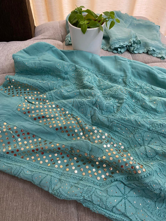 Green Mukaish Neckline Chikankari Kurta Dupatta