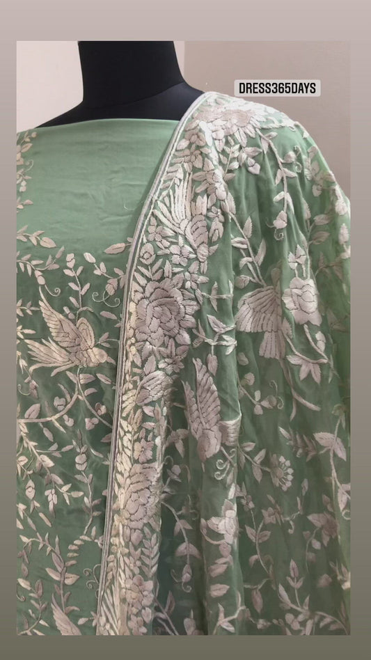 Sage Green Parsi Gara Hand Embroidered Suit (Three Piece)