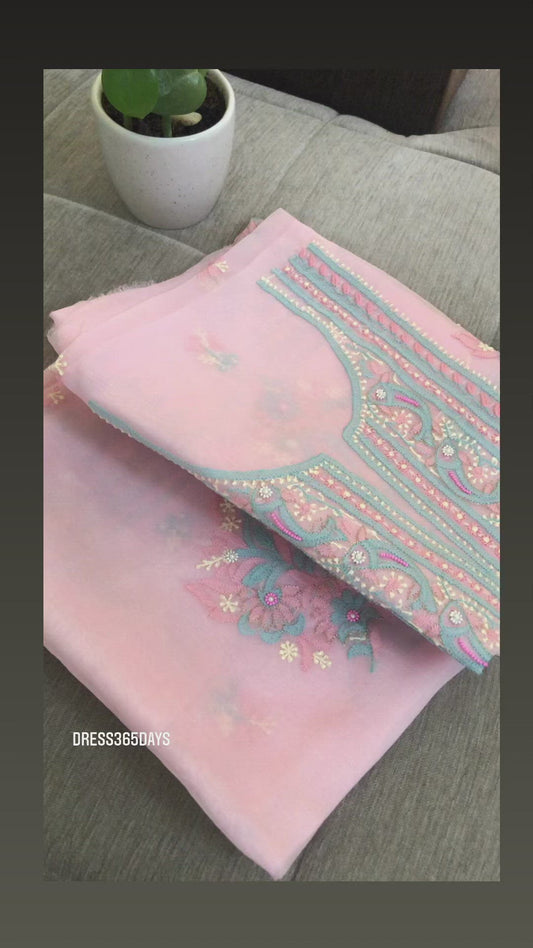 Pink Organza Pearls Chikankari Suit