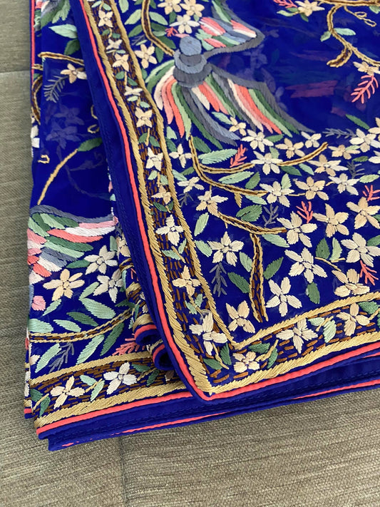 Pre Order Blue-Multicolour Parsi Gara Dupatta