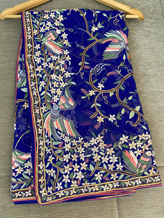 Pre Order Blue-Multicolour Parsi Gara Dupatta