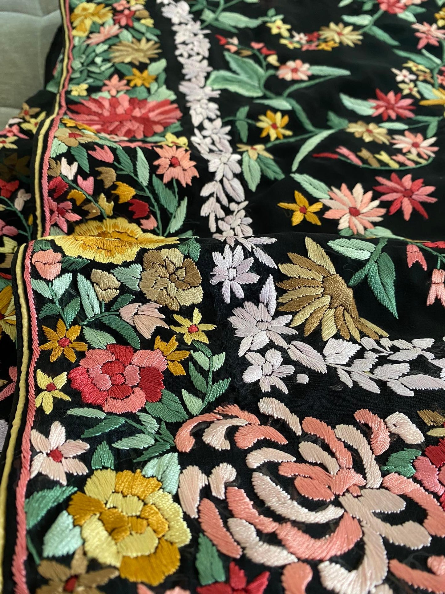 Pre order Black Floral Parsi Gara Hand Embroidered Saree