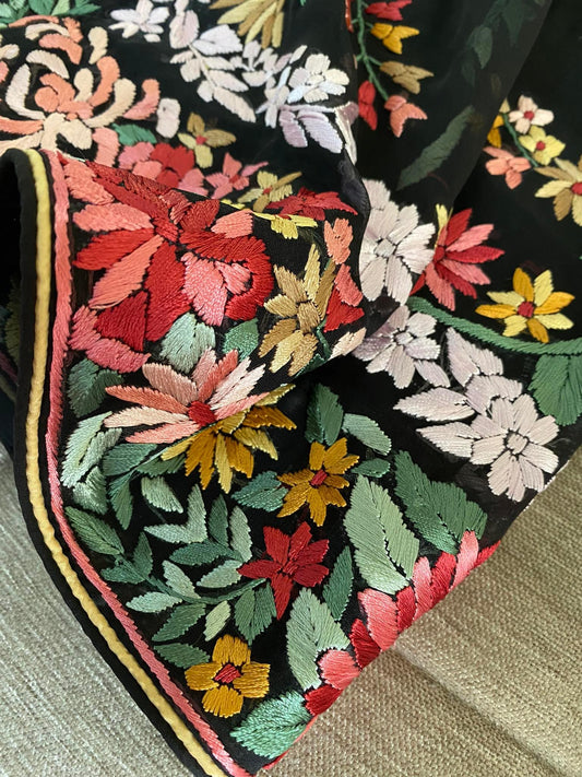 Black Floral Parsi Gara Hand Embroidered Saree
