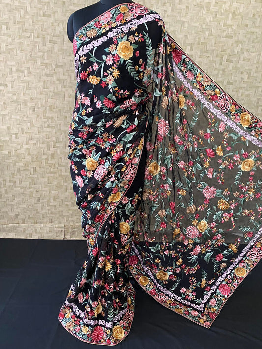 Pre order Black Floral Parsi Gara Hand Embroidered Saree