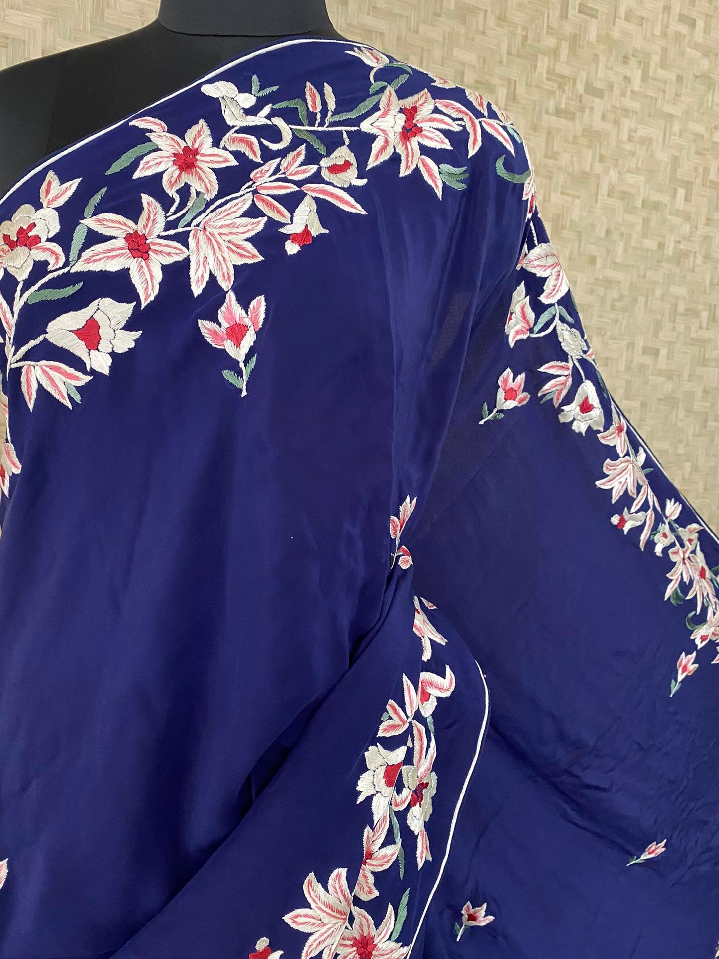 Pre Order Exclusive Navy Parsi Gara Crepe Silk Saree