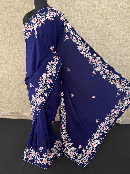 Pre Order Exclusive Navy Parsi Gara Crepe Silk Saree