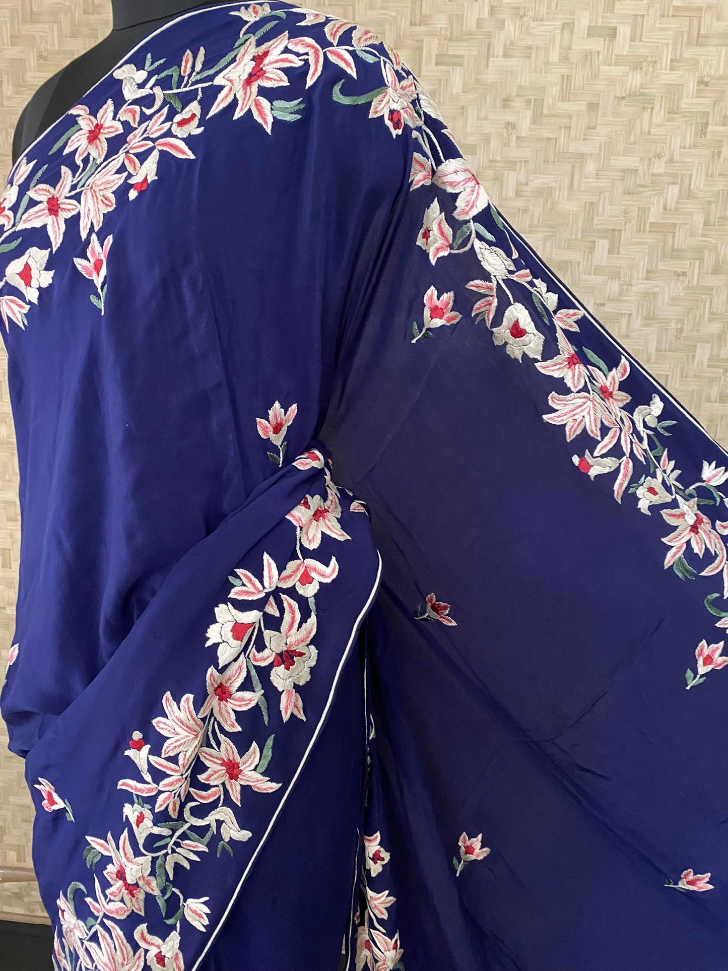 Pre Order Exclusive Navy Parsi Gara Crepe Silk Saree